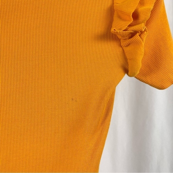 Zara Medium Ribbed Ruffle Shoulder Bodysuit Mustard Yellow Orange Retro - Picture 7 of 12